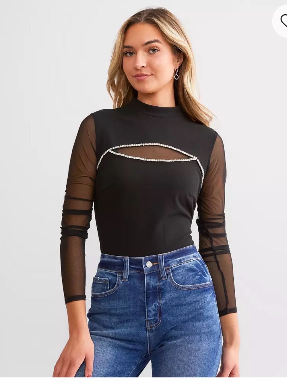 Black Long-Sleeve Sheer Mesh Top with Jewel Trim
